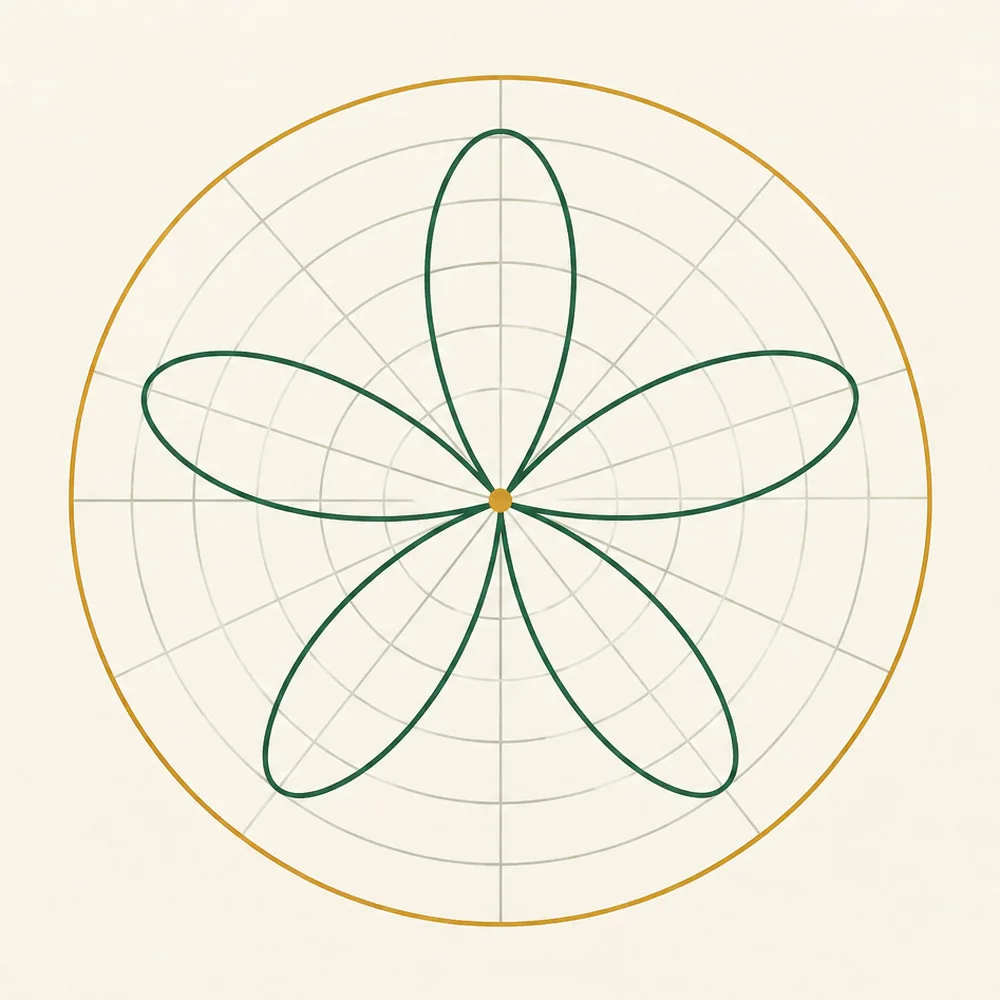A five-petal rose curve drawn on a circular polar grid